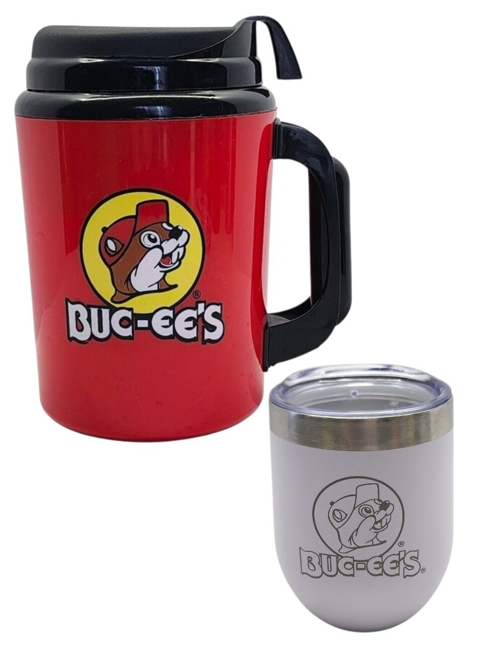 2pc Buc-ee's ThermoServ 52oz Travel Mug & 10oz White Stainless Steel Tumbler